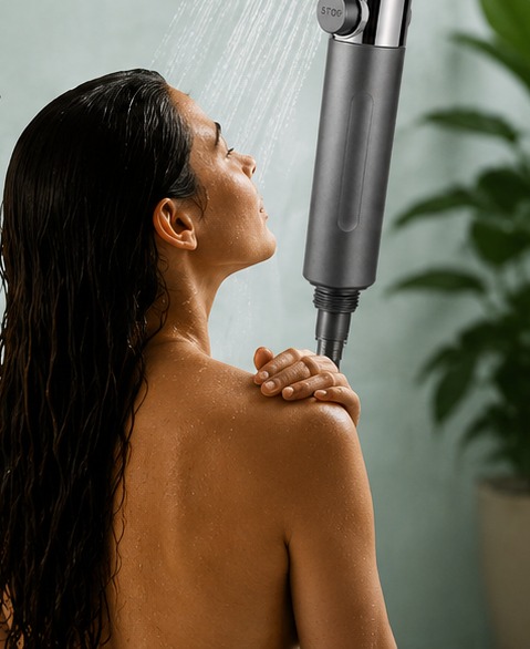Woman showering with the RAINLY filtered handheld shower head
