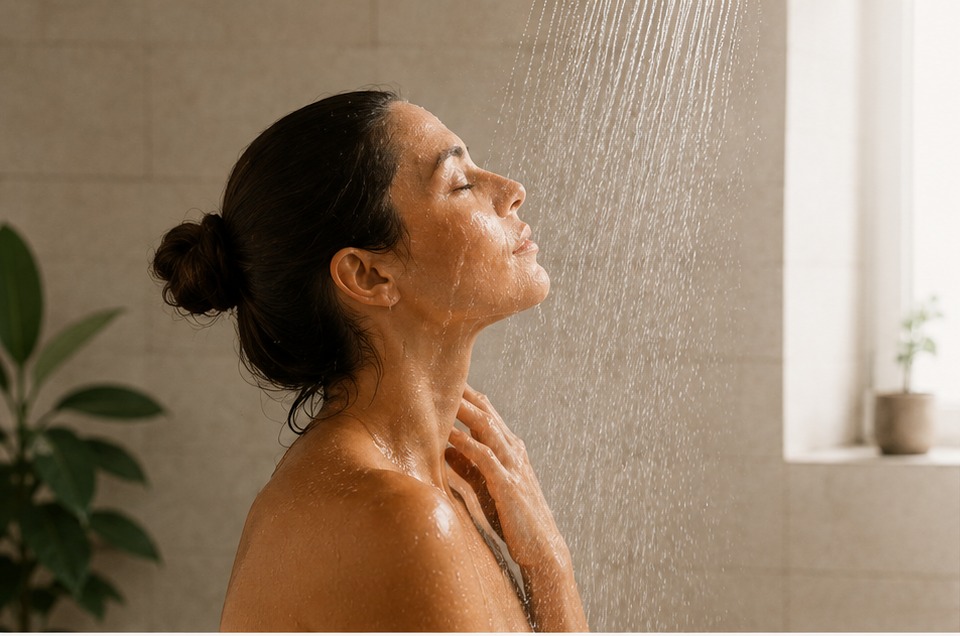 Woman enjoying a warm shower
