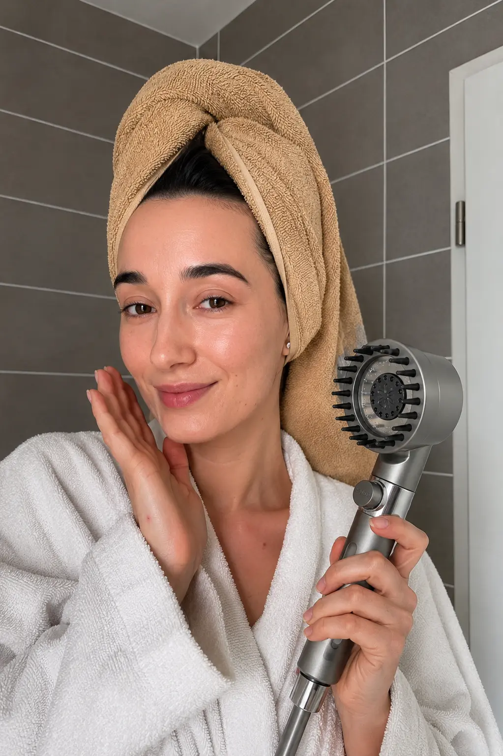 Customer with a hair towel holding a gray RAINLY shower head