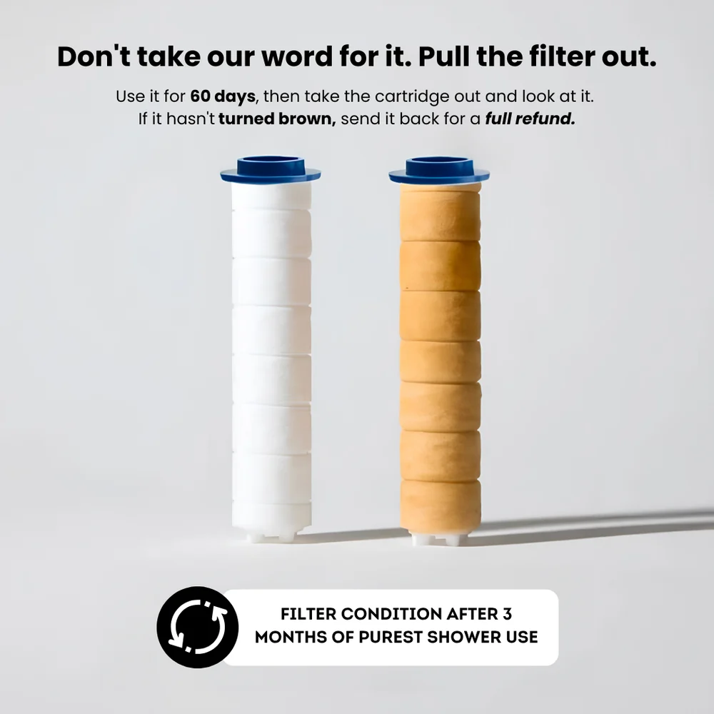 New white RAINLY filter cartridge next to a used, discolored cartridge