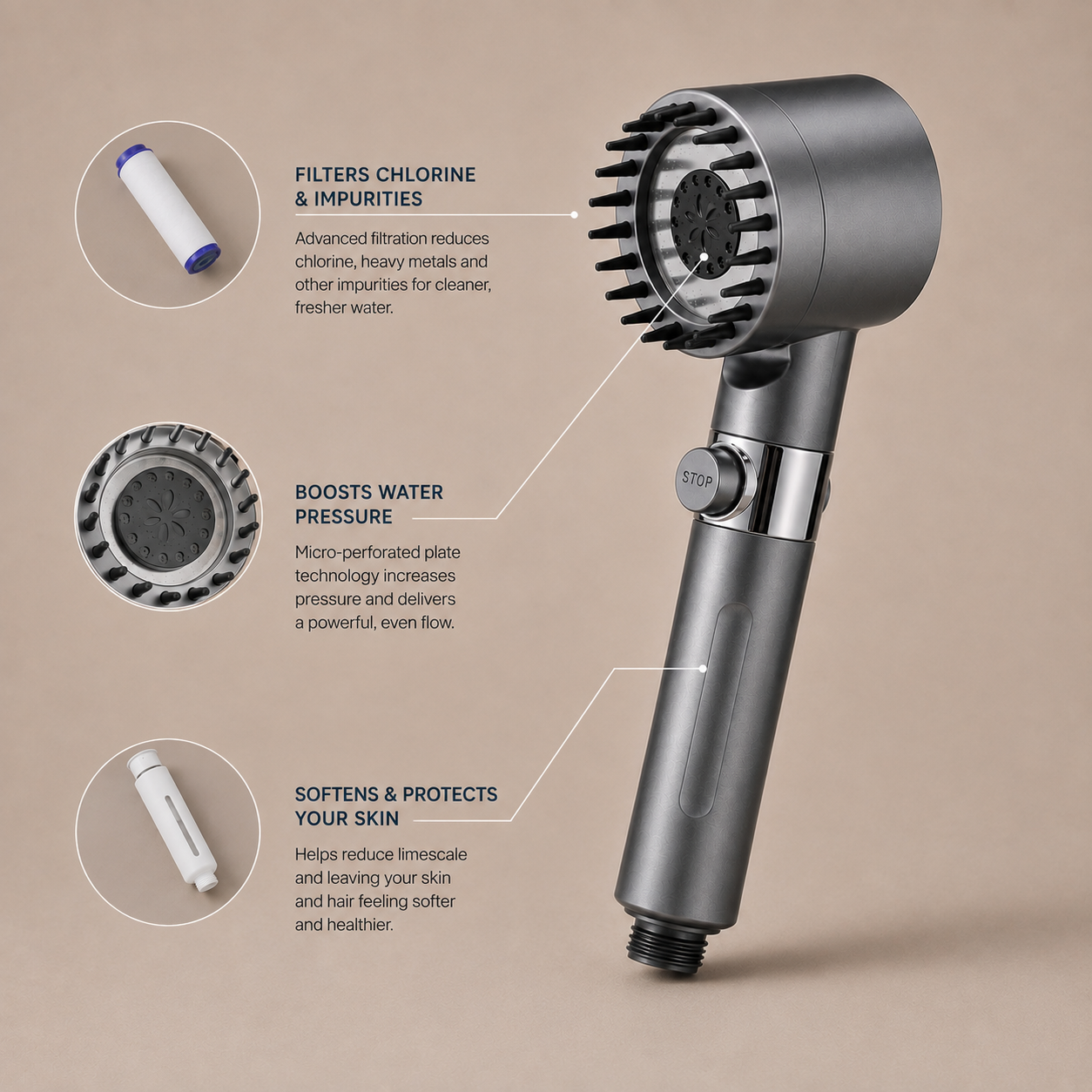 RAINLY shower head with its filter cartridge and components