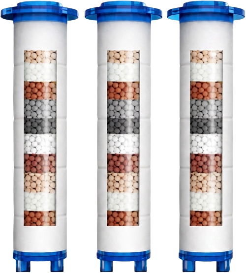 Three RAINLY multi-stage filter cartridges showing layered filtration media