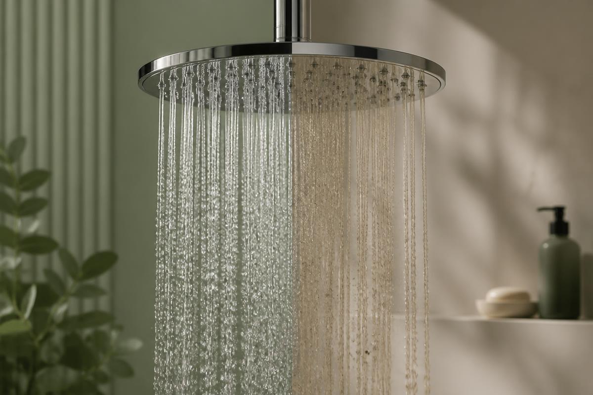 Split view of clear filtered water next to murky, sediment-filled water from a shower head